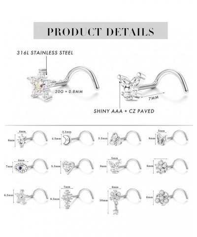 12Pcs 20G Nose Ring Stud L Shape Screw Nose Studs Butterfly Heart Cross Eyil Eye Moon Nose Rings Nose Bone Piercing Nose Stud...