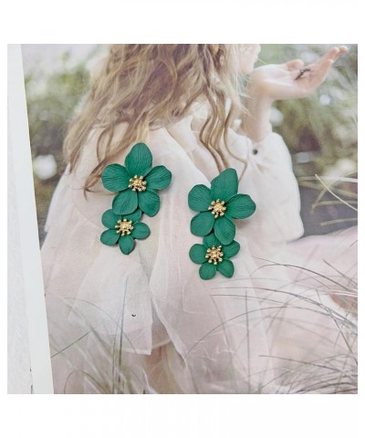 Flower Dangle Earrings Boho Layered Floral Petal Drop Earrings Statement Stud Earring for Women Girls Dark Green Zinc $7.52 E...