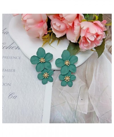 Flower Dangle Earrings Boho Layered Floral Petal Drop Earrings Statement Stud Earring for Women Girls Dark Green Zinc $7.52 E...