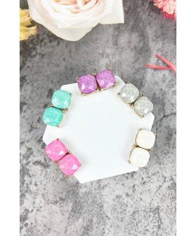 Sparkly Color Glass Post Earrings - Cushion Cut Solid, Square Lever, Round, Semi Precious Glitters Epoxy, For Women White bas...