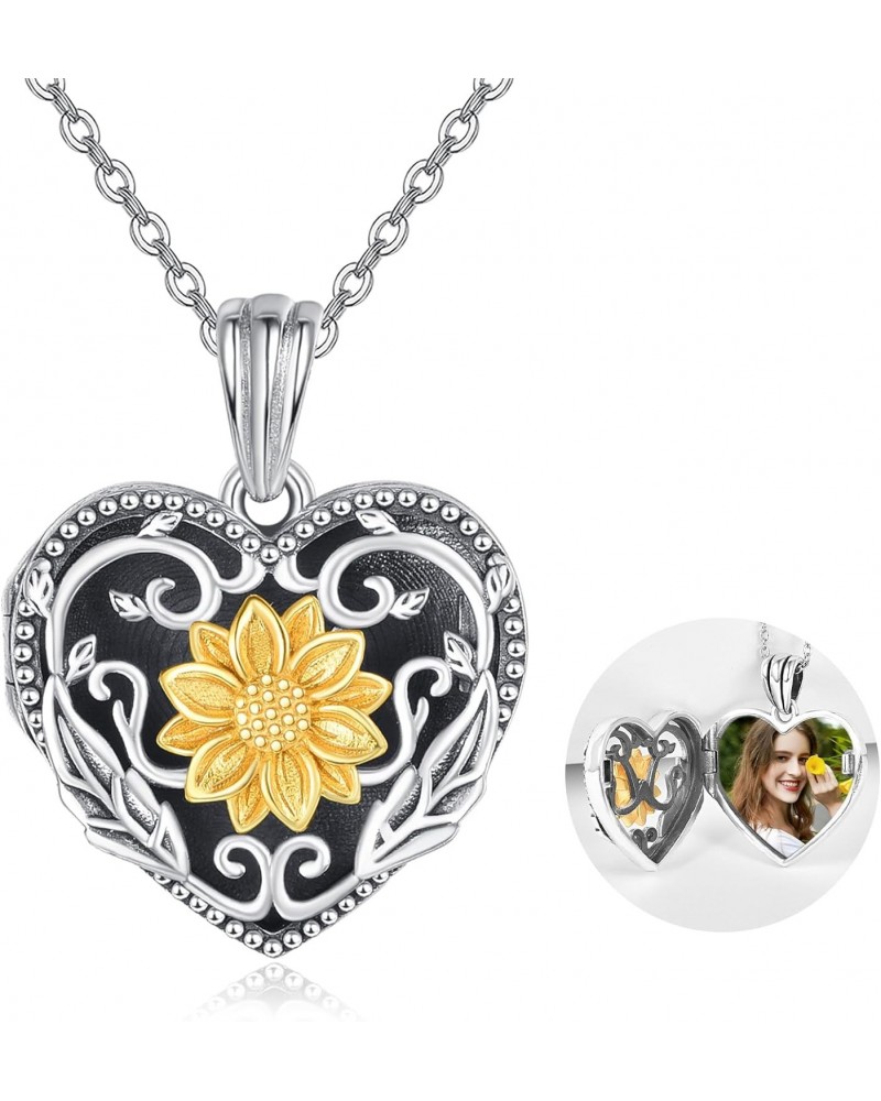 Sunflower Heart Locket Necklace 925 Sterling Silver Heart Locket Necklace Sunflower Pendant Necklace Photo Jewelry Gift for W...