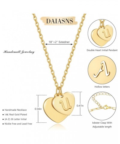 Initial Necklaces for Women 14K Gold Heart Initial Necklace Dainty Letter Necklace Gold Double Heart Hollow A-Z Letter Pendan...