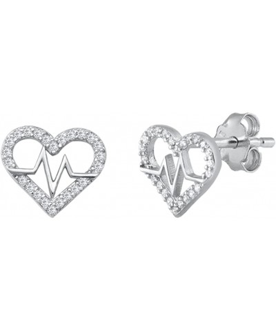 Heartbeat Lifeline Heart Earrings 925 Sterling Silver Stud Push Back $11.75 Earrings