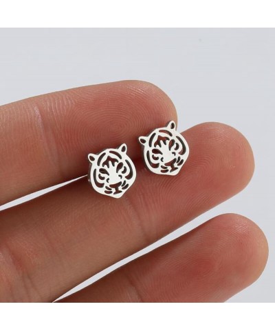 Tiger Head Stud Earrings for Women Punk Stainless Steel Earrings Silver $6.59 Earrings