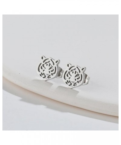 Tiger Head Stud Earrings for Women Punk Stainless Steel Earrings Silver $6.59 Earrings