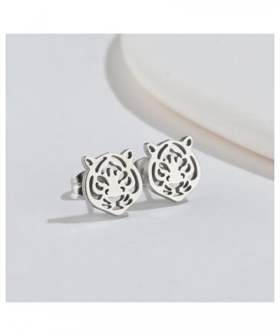 Tiger Head Stud Earrings for Women Punk Stainless Steel Earrings Silver $6.59 Earrings