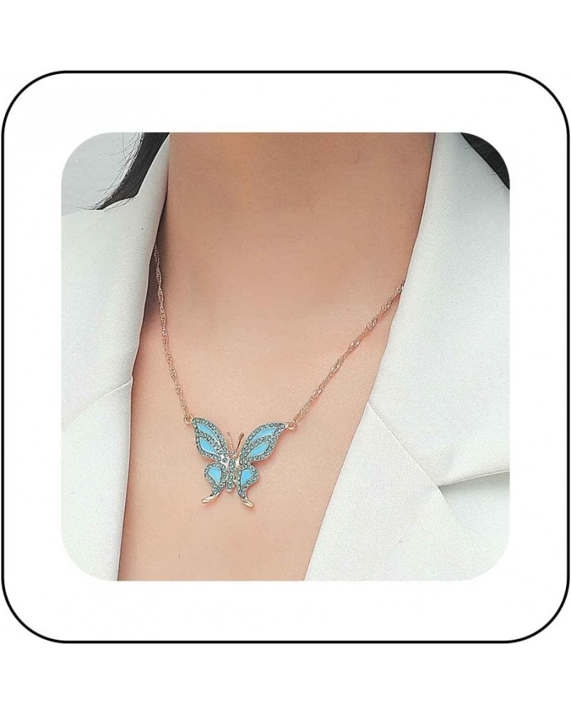 Boho Blue Crystal Butterfly Choker Necklace Blue Crystal Butterfly Pendant Necklace Gold Rhinestone Acrylic Butterfly Necklac...