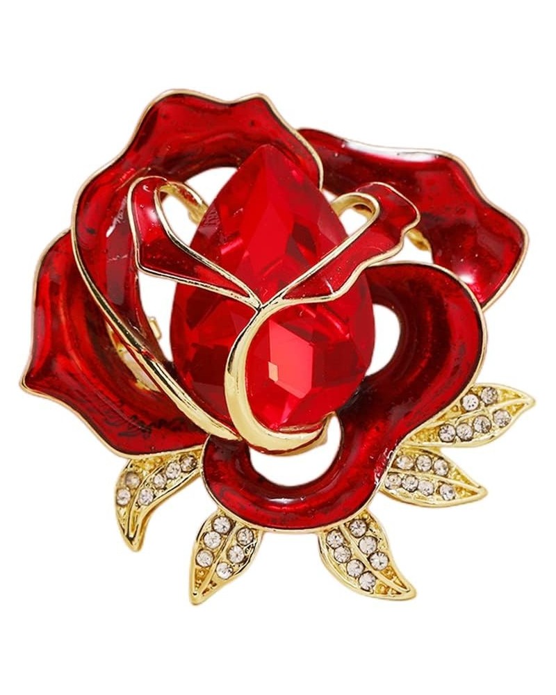 Rhinestone Red Flower Brooch Pin for Women Girls Gold Plated Fashion Crystal Enamel Rose Brooches Lapel Pins Elegant Dress Ac...