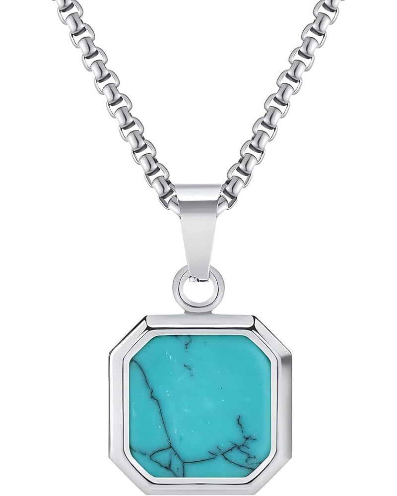 Square Pendant For Men,Geometric Pendant Necklace Stainless Steel long Chain Necklace for Mens Womens Turquoise $11.20 Necklaces