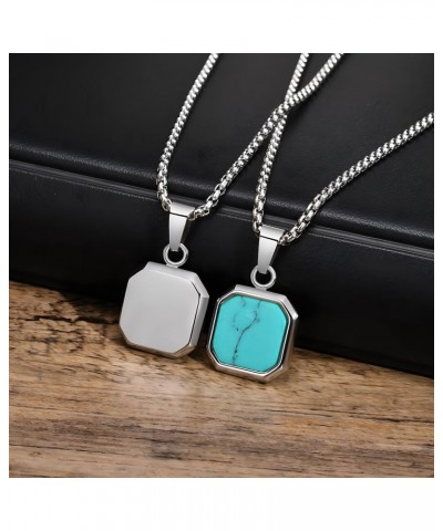 Square Pendant For Men,Geometric Pendant Necklace Stainless Steel long Chain Necklace for Mens Womens Turquoise $11.20 Necklaces