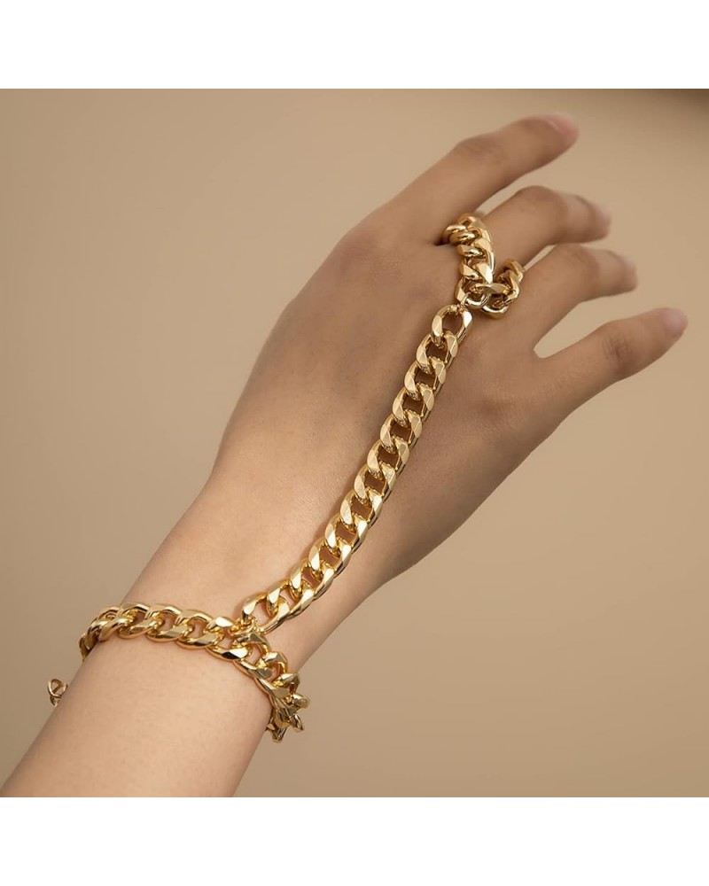 Punk Cuban Link Chain Bracelet with Finger Ring Chunky Flat Chain Wrist Chain Slave Bracelet Pop Hand Harness for Women Teens...