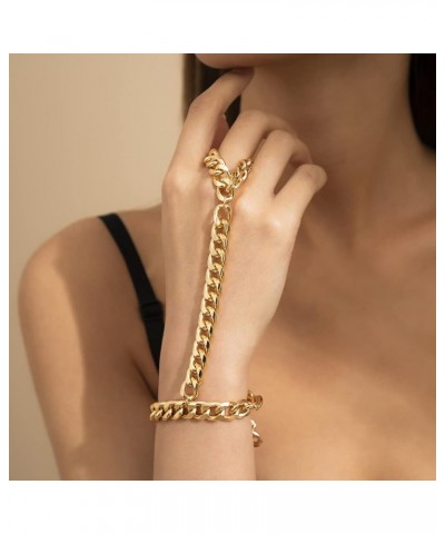 Punk Cuban Link Chain Bracelet with Finger Ring Chunky Flat Chain Wrist Chain Slave Bracelet Pop Hand Harness for Women Teens...