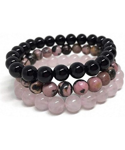 Unisex Natural Stone Black Onyx Rhodonite Rose Quartz 8 mm Gemstone Beaded Elastic Stretch Distance Bracelet 3 pcs/set Stacka...