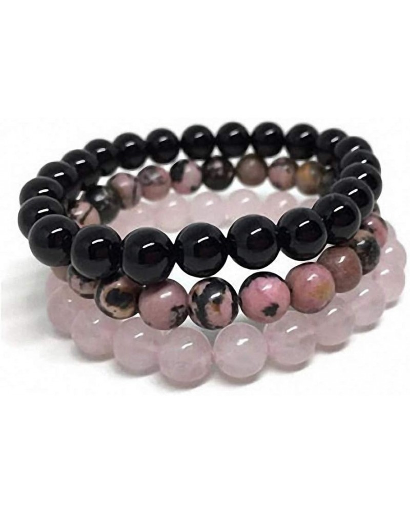 Unisex Natural Stone Black Onyx Rhodonite Rose Quartz 8 mm Gemstone Beaded Elastic Stretch Distance Bracelet 3 pcs/set Stacka...