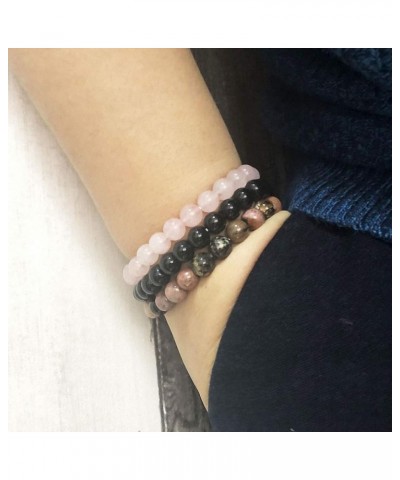 Unisex Natural Stone Black Onyx Rhodonite Rose Quartz 8 mm Gemstone Beaded Elastic Stretch Distance Bracelet 3 pcs/set Stacka...