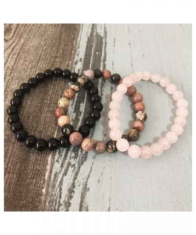 Unisex Natural Stone Black Onyx Rhodonite Rose Quartz 8 mm Gemstone Beaded Elastic Stretch Distance Bracelet 3 pcs/set Stacka...