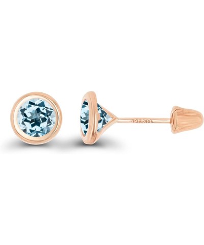 Solid 14K Gold Hypoallergenic 5mm Round Solitaire Birthstone Bezel Screw Back Stud Earrings Blue Topaz-Sky Blue Topaz Rose Go...