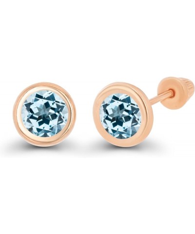 Solid 14K Gold Hypoallergenic 5mm Round Solitaire Birthstone Bezel Screw Back Stud Earrings Blue Topaz-Sky Blue Topaz Rose Go...