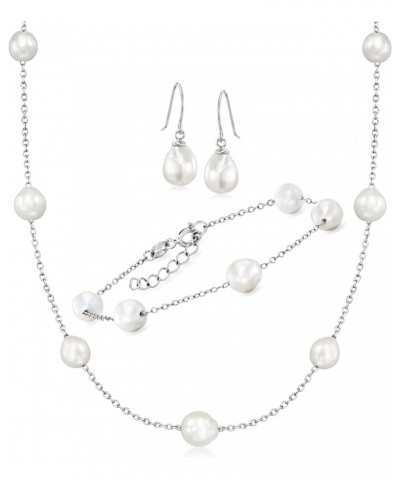 6-8mm Cultured Semi-Baroque Pearl Jewelry Set: Necklace, Bracelet and Drop Earrings in Sterling Silver. 18 inches $47.94 Jewe...