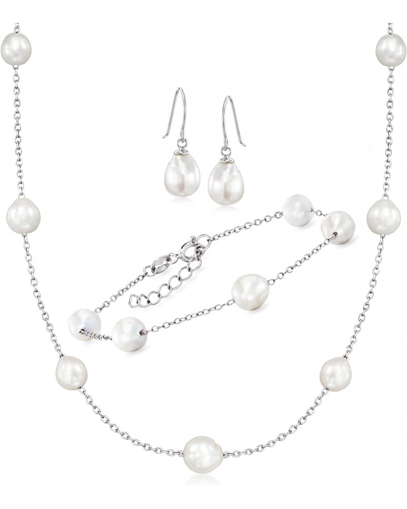 6-8mm Cultured Semi-Baroque Pearl Jewelry Set: Necklace, Bracelet and Drop Earrings in Sterling Silver. 18 inches $47.94 Jewe...