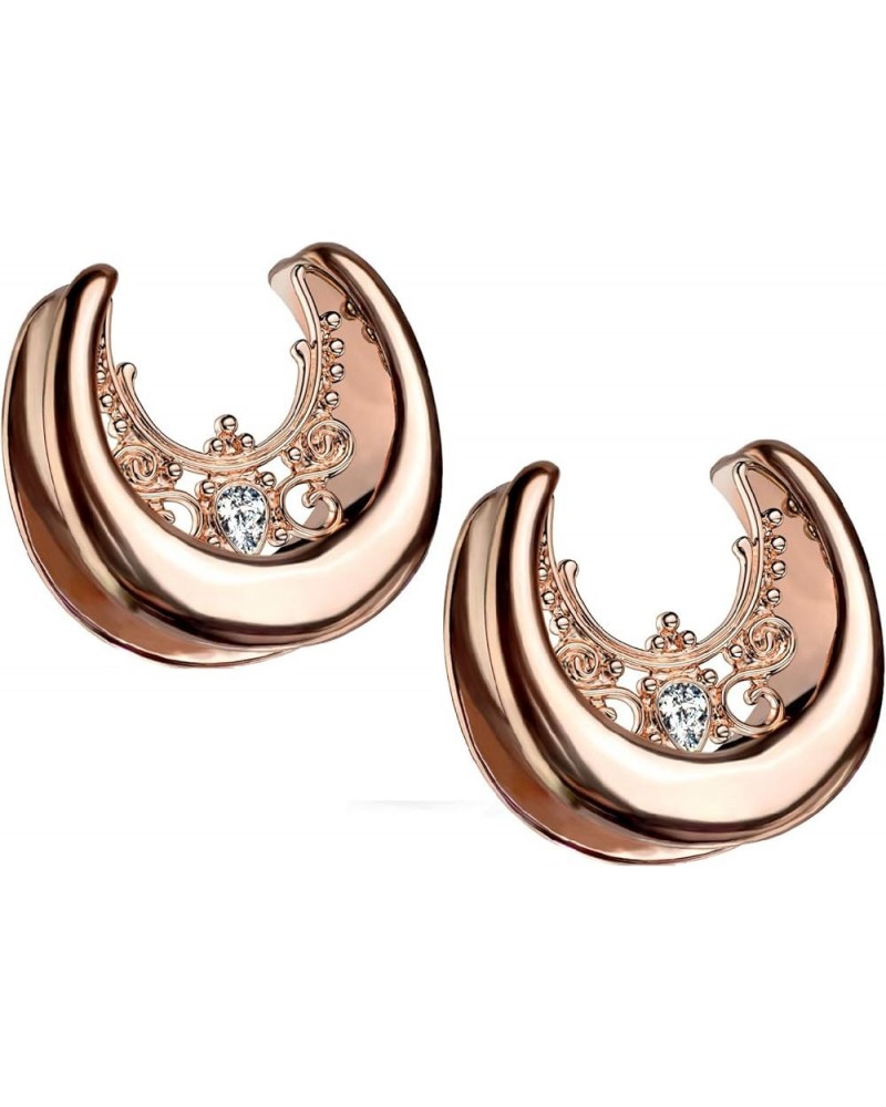 Rose Gold Tone Floral Filigree Crystal Center Saddle Spreader Ear Gauges in 316L Stainless Steel, Sold as A Pair 22mm (7/8") ...