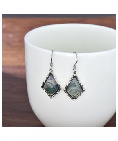 Moss Agate Earrings Sterling Silver Kite Shape Vintage Dangle Drop Earrings Filigree Moss Agate Jewelry for Women $19.35 Earr...