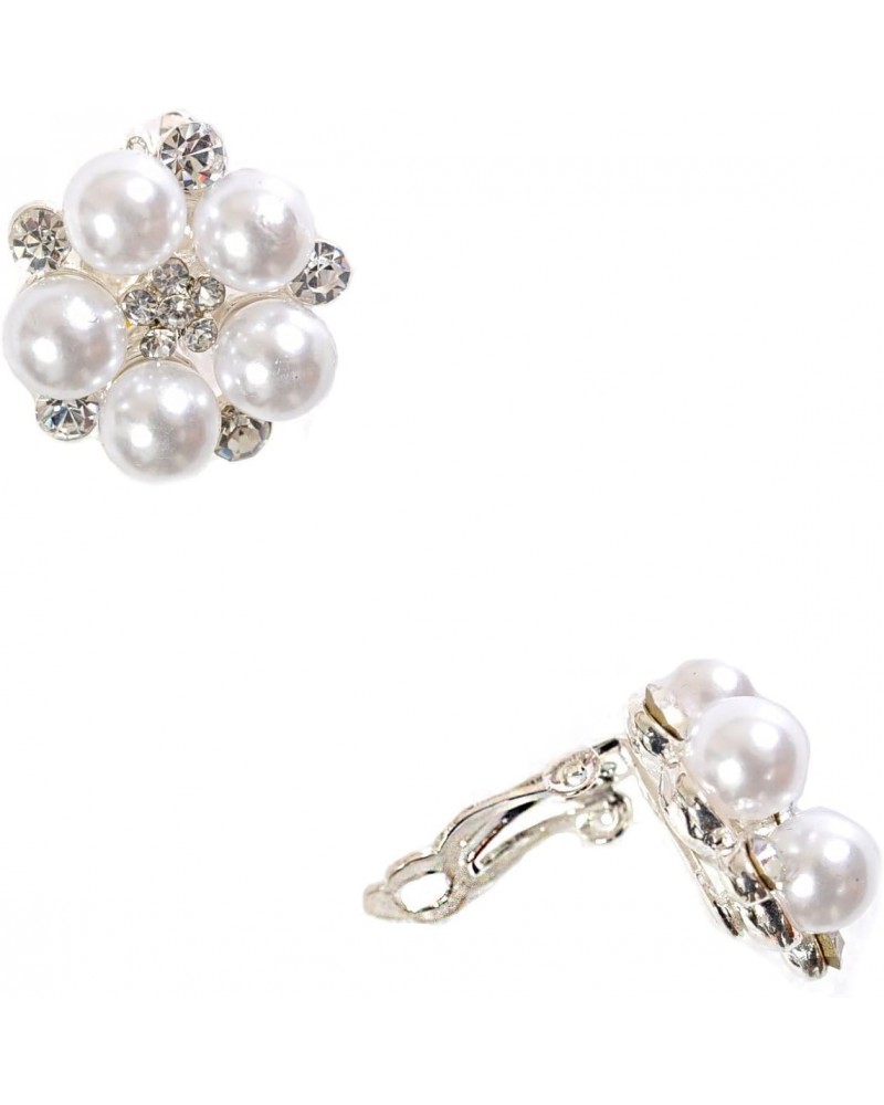 Silver Crystal While Pearl Flower Shape Clip Earrings $7.55 Earrings