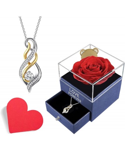 Preserved Rose Gift Boxes for Mom Women Her Girlfriends, Eternal Flower Diamond Accent Twist Flame Pendant Gifts Set for Vale...