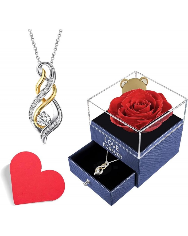 Preserved Rose Gift Boxes for Mom Women Her Girlfriends, Eternal Flower Diamond Accent Twist Flame Pendant Gifts Set for Vale...