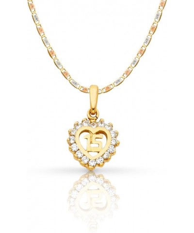 14K Yellow Gold Sweet 15 Years Quinceanera Heart Cubic Zirconia CZ Charm Pendant with 1.5mm Valentino Chain Necklace 20.0 Inc...