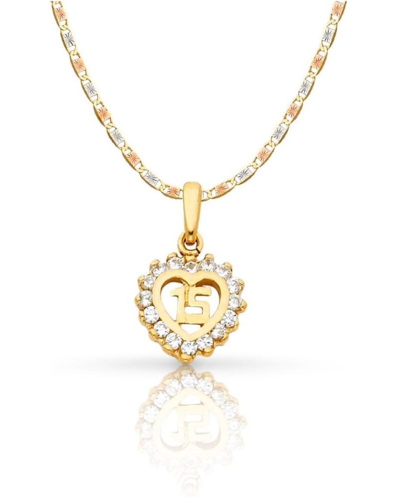 14K Yellow Gold Sweet 15 Years Quinceanera Heart Cubic Zirconia CZ Charm Pendant with 1.5mm Valentino Chain Necklace 20.0 Inc...