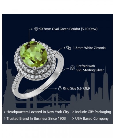 925 Sterling Silver Green Peridot Ring For Women (3.10 Cttw, Oval 9X7MM, Gemstone Birthstone, Available In Size 5, 6, 7, 8, 9...