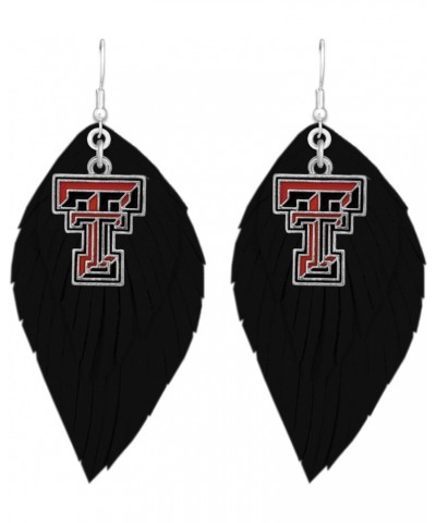 Texas Tech Red Raiders Black Boho Leather Feather Wire Earrings Jewelry TTU $12.49 Earrings