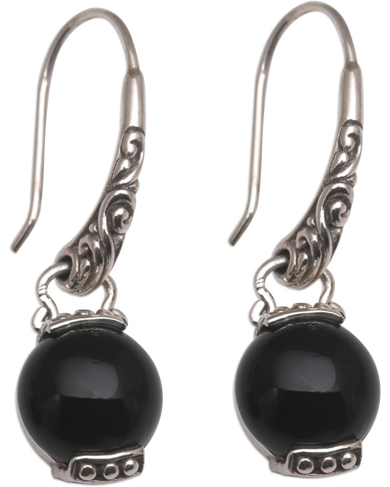 Handmade .925 Sterling Silver Onyx Dangle Earrings from Bali Black Indonesia Gemstone Birthstone [1.4 in L x 0.4 in W x 0.3 i...