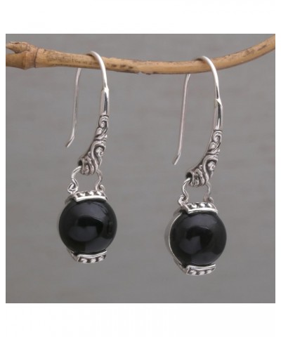 Handmade .925 Sterling Silver Onyx Dangle Earrings from Bali Black Indonesia Gemstone Birthstone [1.4 in L x 0.4 in W x 0.3 i...