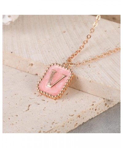 Pink Initial Necklace for Girls, Champagne Gold Plated Simple Square Pendant Letter Necklace, Dainty Chain Necklace, Cubic Zi...