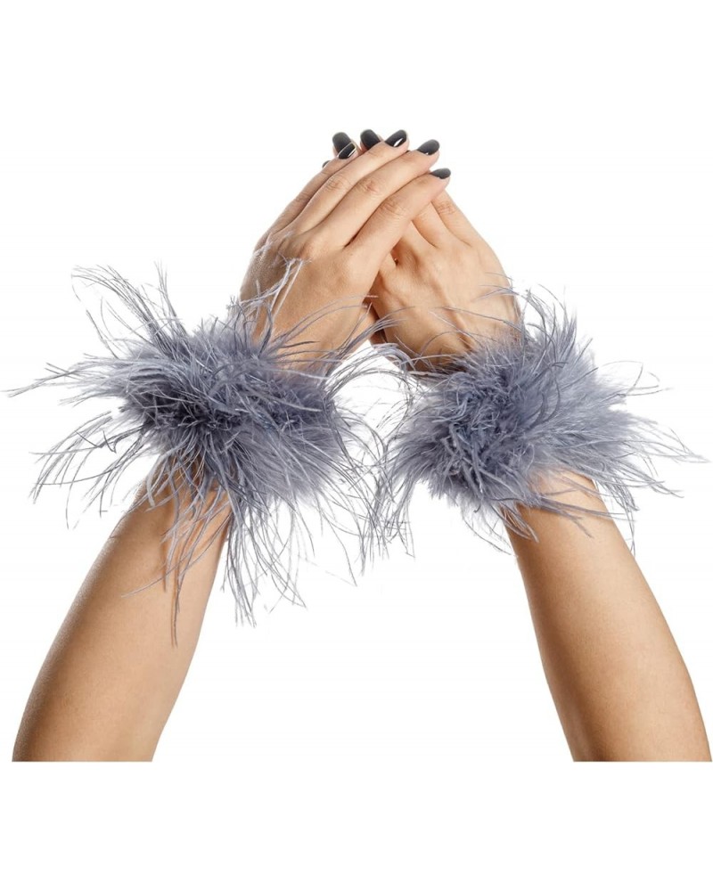 Women Ostrich Feather Bracelet Wrist Cuffs Furry for Party Wedding Bride Concert Luxurious gray $12.30 Bracelets