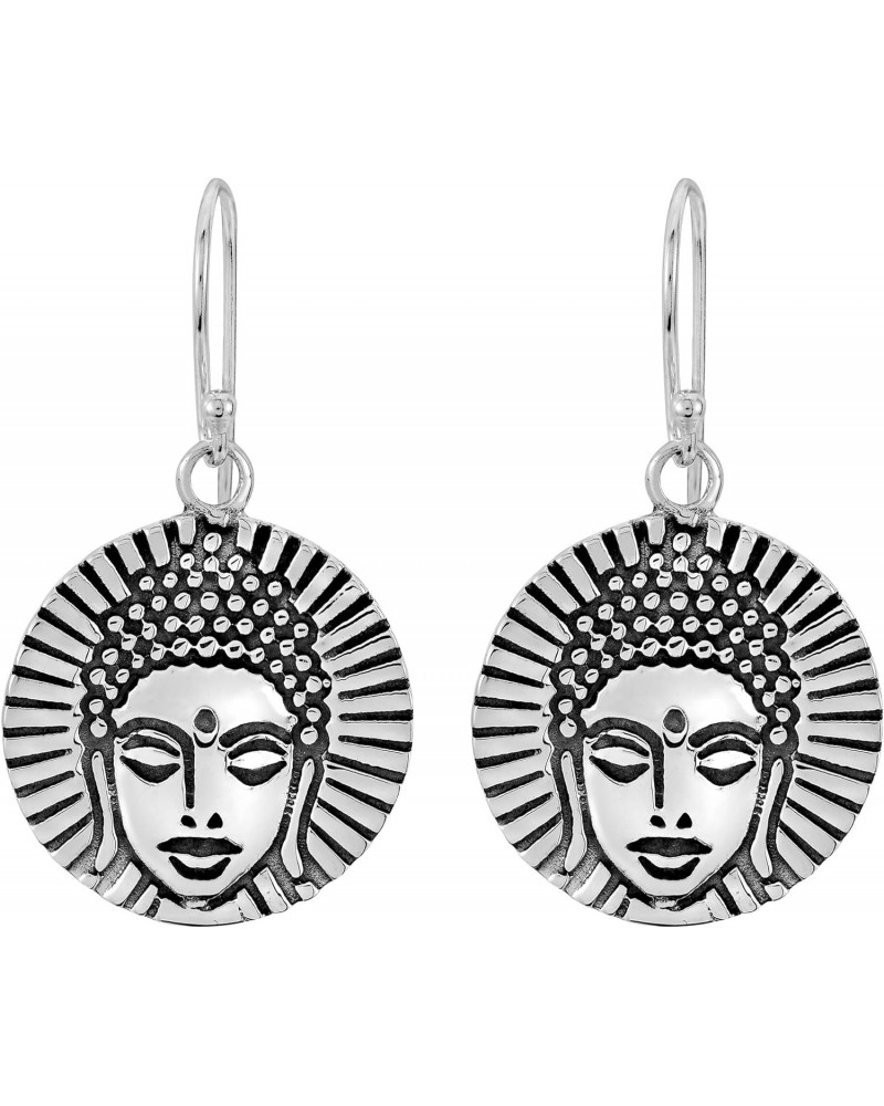 Serene Meditation Buddha Medallion .925 Sterling Silver Dangle Earrings | Buddha Face Dangle Earrings | Sterling Silver Dangl...