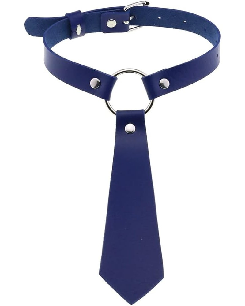 Punk Necktie Choker PU Leather Collar Metal Ring Gothic Necklace Neck Accessories Adjustable size Royal Blue $9.27 Necklaces