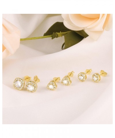 3 Pairs Gold Stud Earrings Set for Women Halo Round Square Heart Studs Faux Diamond Stud Earrings Gold $11.21 Earrings