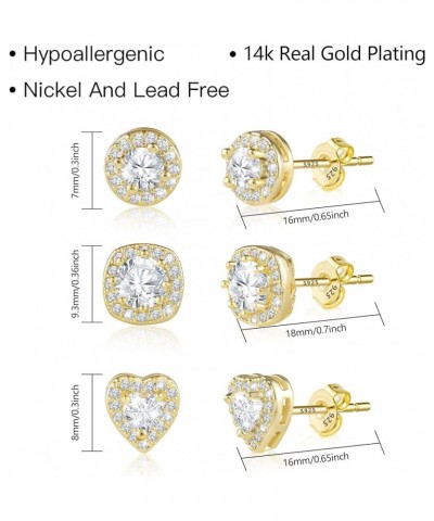 3 Pairs Gold Stud Earrings Set for Women Halo Round Square Heart Studs Faux Diamond Stud Earrings Gold $11.21 Earrings