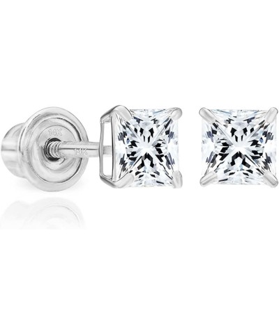 Solid 14k White Gold Solitaire Square Princess-cut CZ Stud Earrings with Screw-back 3mm $21.84 Earrings