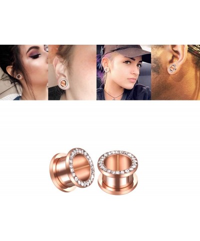 Rose Gold Plated Crystal Rhinestones CZ Ear Tunnels Plugs Expander Gauges Stretcher Earrings Screw Stainless Steel Piercing B...