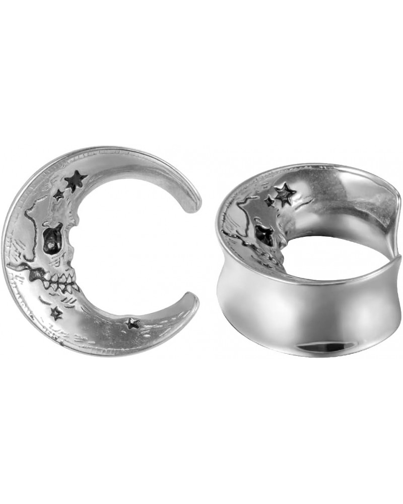 1 Pair Moon Style Ear Tunnels Flesh Plugs Piercing Earrings Stainless Steel Skull Ear Gauges 00g to 1 inch. Silver 5/8"(16mm)...