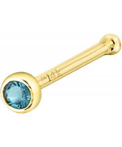 Solid 14K Gold Ball-end Stud Bezel Set Blue Topaz 22G Nose Bone Nose Stud - 14K White Gold / 14K Yellow Gold December Birthst...