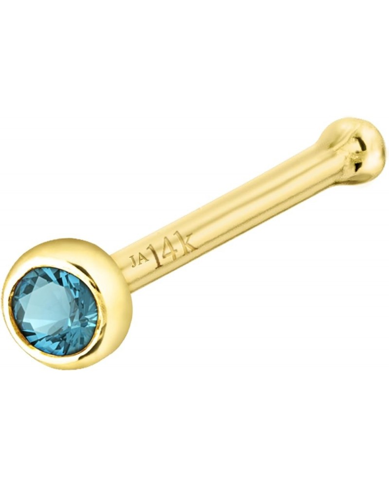 Solid 14K Gold Ball-end Stud Bezel Set Blue Topaz 22G Nose Bone Nose Stud - 14K White Gold / 14K Yellow Gold December Birthst...