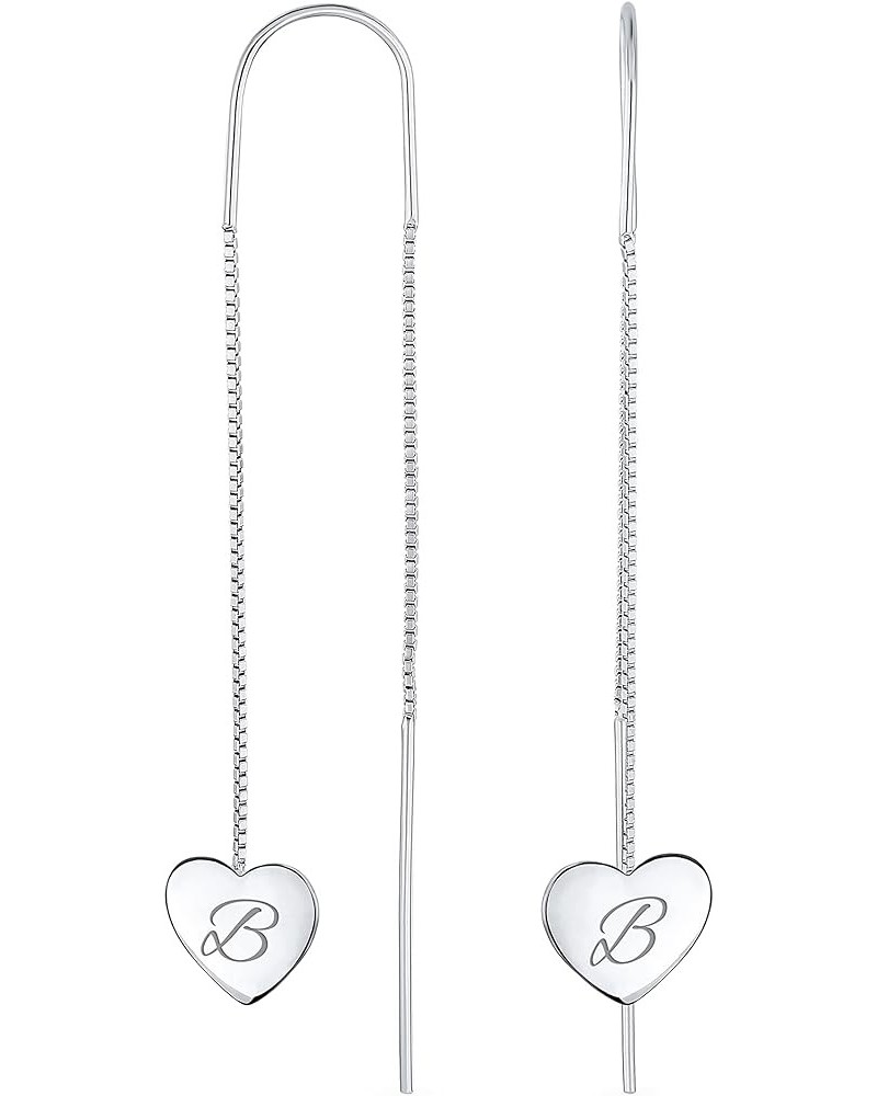 Personalized Script Initial Alphabet A-Z Simple Lightweight Long Flat Heart Chain Threader Earrings For Women Teen .925 Sterl...