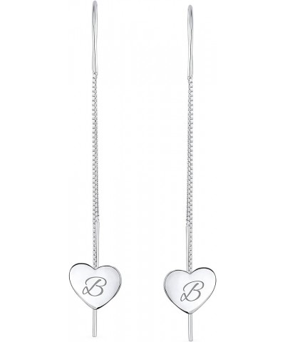 Personalized Script Initial Alphabet A-Z Simple Lightweight Long Flat Heart Chain Threader Earrings For Women Teen .925 Sterl...