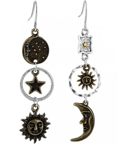 Sun Moon Star Dangle Earrings Vintage Statement Earrings Bronze Gothic Asymmetrical Sun Moon Face Dangle Earrings for Women f...