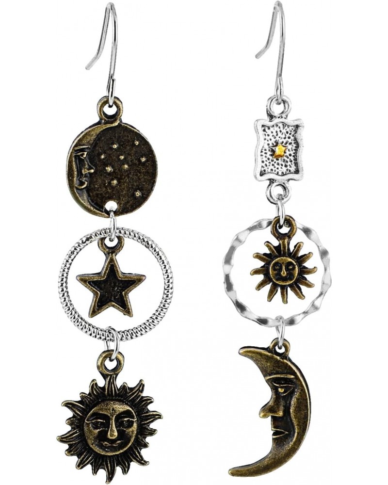 Sun Moon Star Dangle Earrings Vintage Statement Earrings Bronze Gothic Asymmetrical Sun Moon Face Dangle Earrings for Women f...